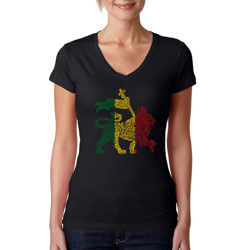 One Love Rasta Lion - Women's Word Art V-Neck T-Shirt