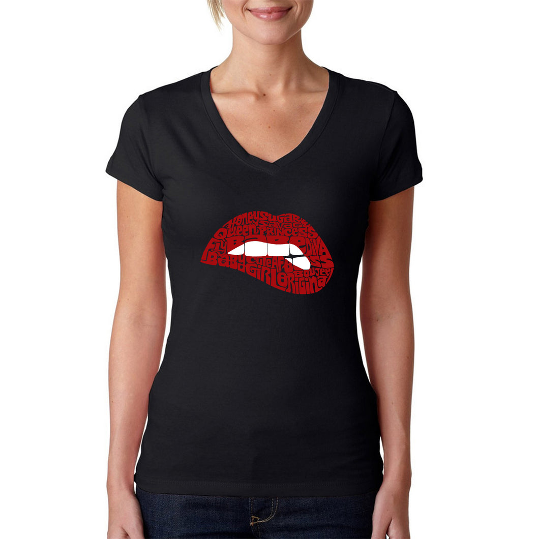 Savage Lips - Women's Word Art V-Neck T-Shirt