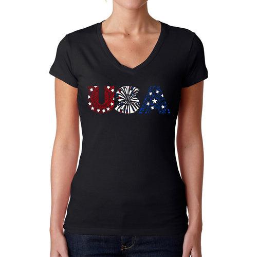 USA Fireworks - Women's Word Art V-Neck T-Shirt