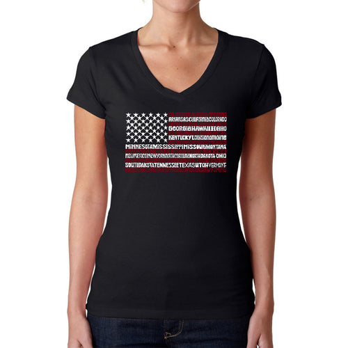 50 States USA Flag  - Women's Word Art V-Neck T-Shirt