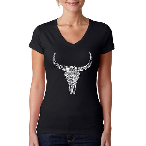 Texas Skull - Women's Word Art V-Neck T-Shirt
