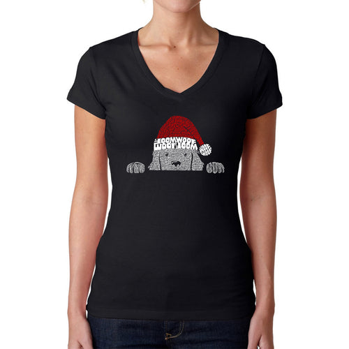 Christmas Peeking Dog - Women's Word Art V-Neck T-Shirt