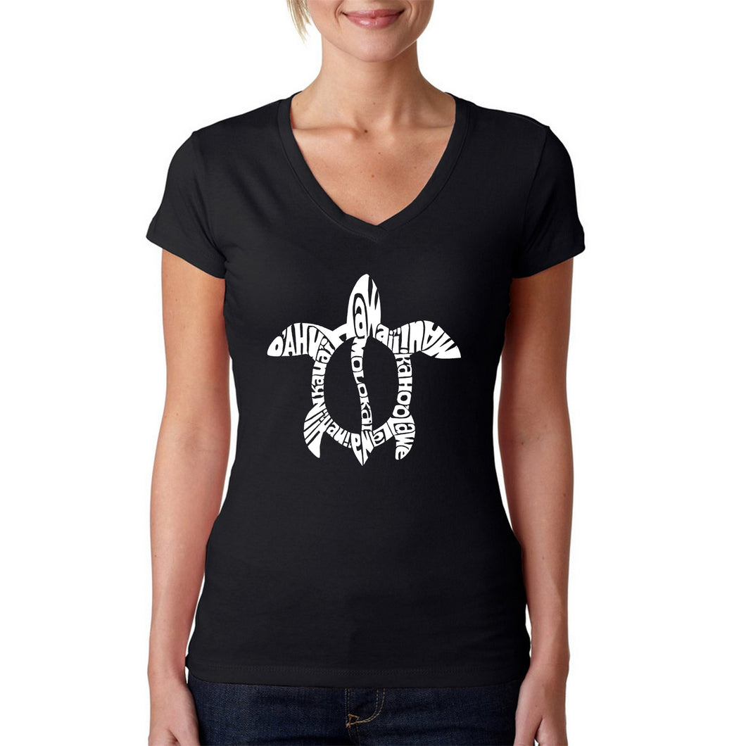 Honu Turtle Hawaiian Islands - Women's Word Art V-Neck T-Shirt