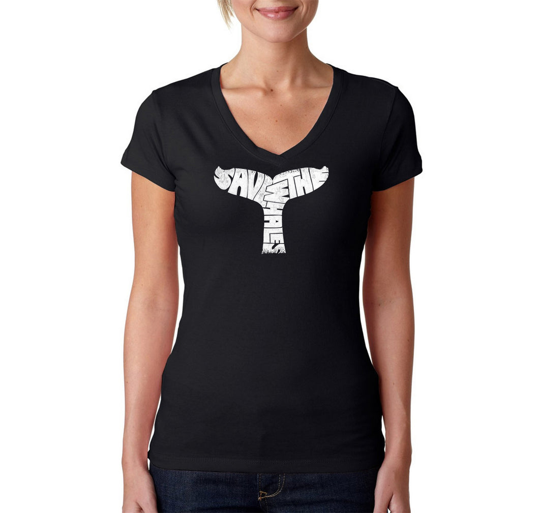 SAVE THE WHALES - Women's Word Art V-Neck T-Shirt