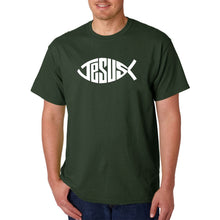 Load image into Gallery viewer, Christian Jesus Name Fish Symbol - Men&#39;s Word Art T-Shirt