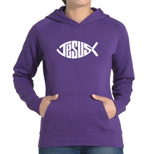 Load image into Gallery viewer, Christian Jesus Name Fish Symbol - Women&#39;s Word Art Hooded Sweatshirt