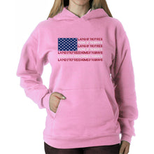 Load image into Gallery viewer, Land of the Free American Flag  - Women&#39;s Word Art Hooded Sweatshirt