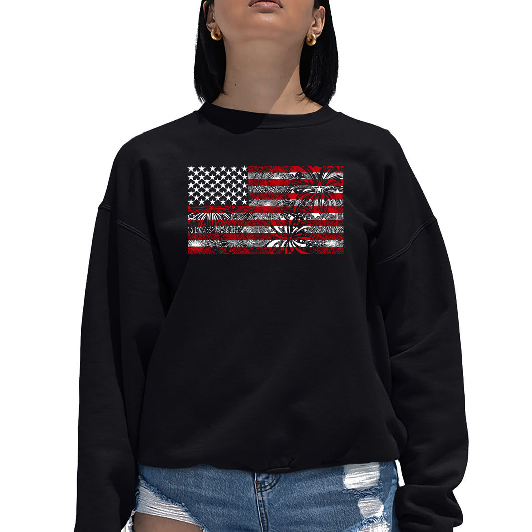 Women's Word Art Crewneck Sweatshirt - Fireworks American Flag