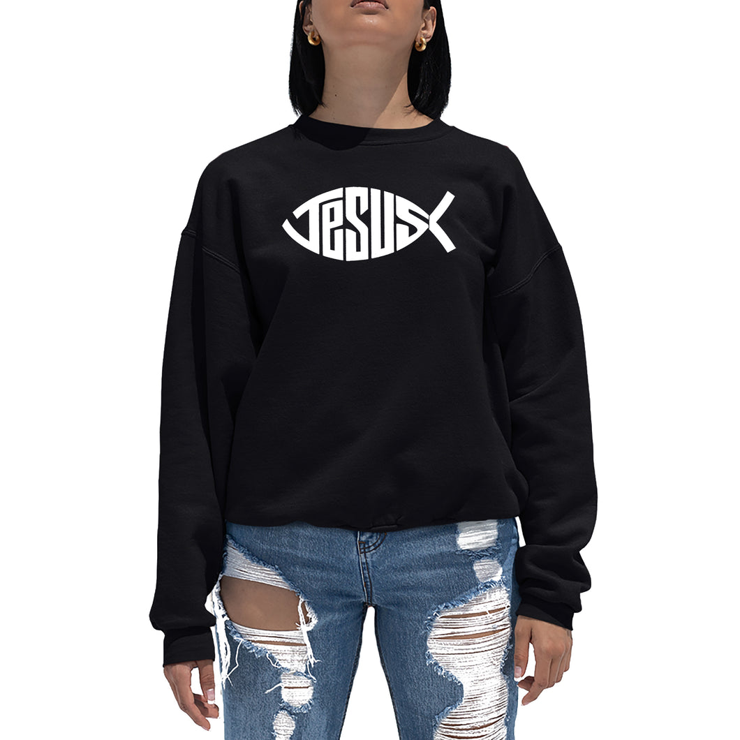 Christian Jesus Name Fish Symbol - Women's Word Art Crewneck Sweatshirt
